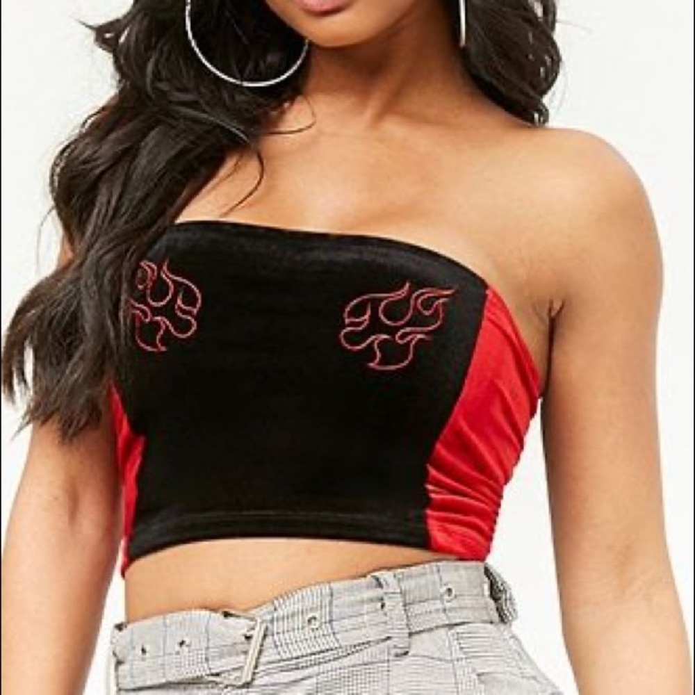 FOREVER 21 Black Red Velvet Embroidered Flame Tube Top